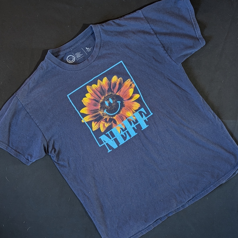 Neff Navy Cotton Smiley Sunflower Graphic Logo Crew Neck Men's L T-Shirt - Picture 2 of 3